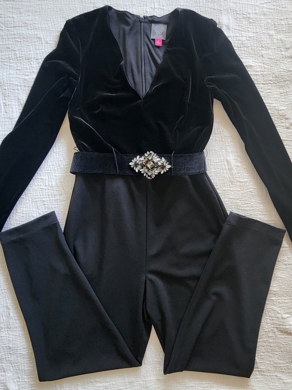 Vince Camuto Black Velvet Long-Sleeve Jumpsuit with Jeweled Belt